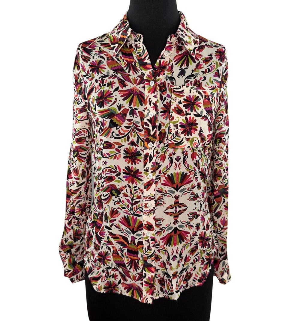 Haute Hippie Multi Shirt Silk Floral Open Drape Back Casual Button-Up S Small